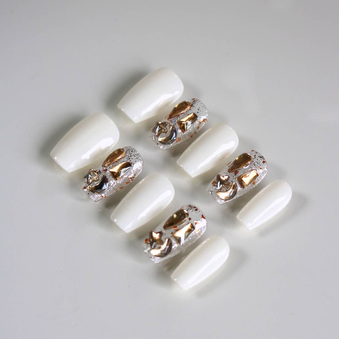 Handmade Press-on Nails - Diva - White Gold Crystal