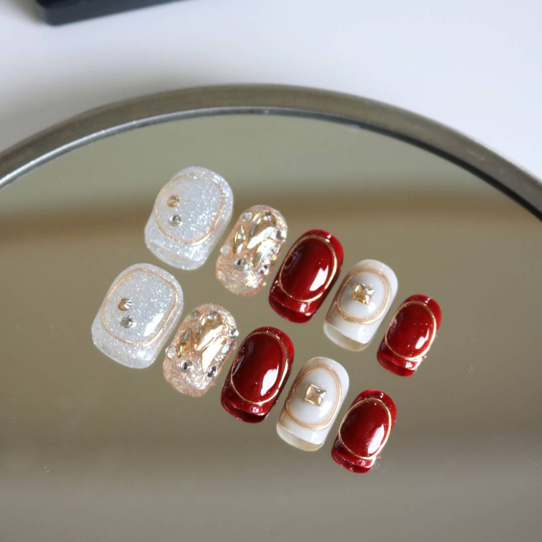Handmade Press-on Nails - Bombshell - Short - Red Silver Crystal