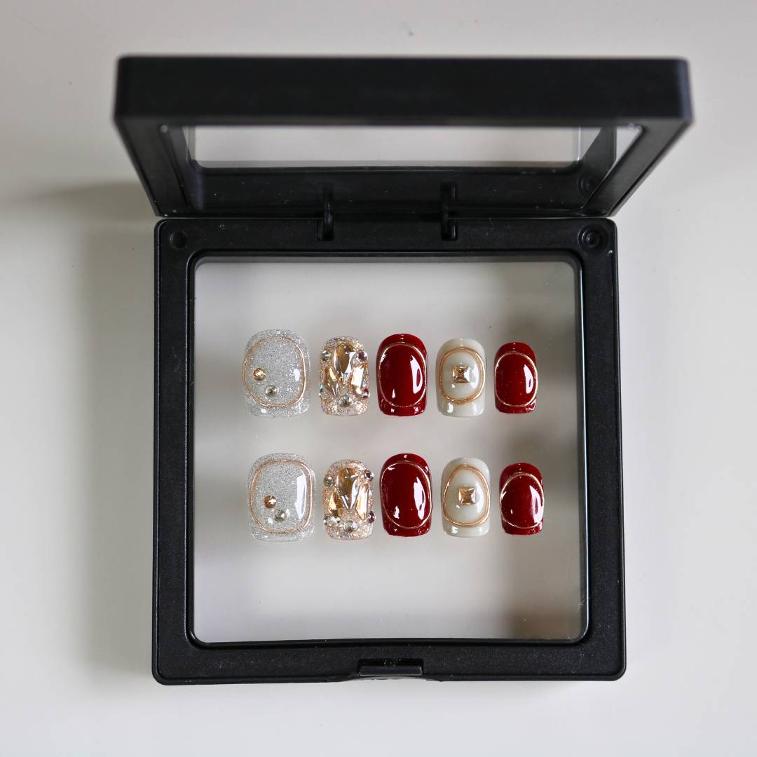 Handmade Press-on Nails - Bombshell - Short - Red Silver Crystal