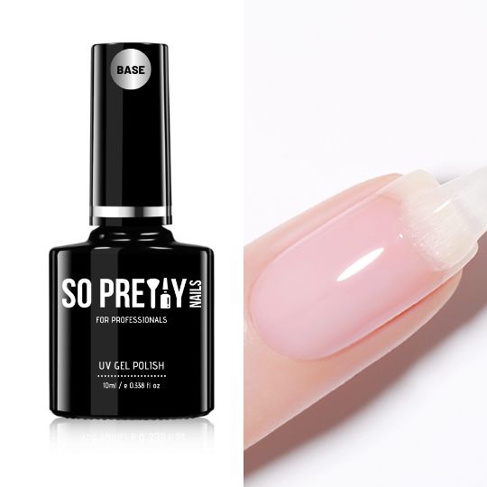 A bottle of So Pretty Nails Gel Base Coat, a clear polish that provides a smooth and even base for nail polish application. The base coat helps to extend the wear of the nail polish and prevent chipping. The image shows a swatch of nail polish applied over the base coat, resulting in a glossy and vibrant finish.