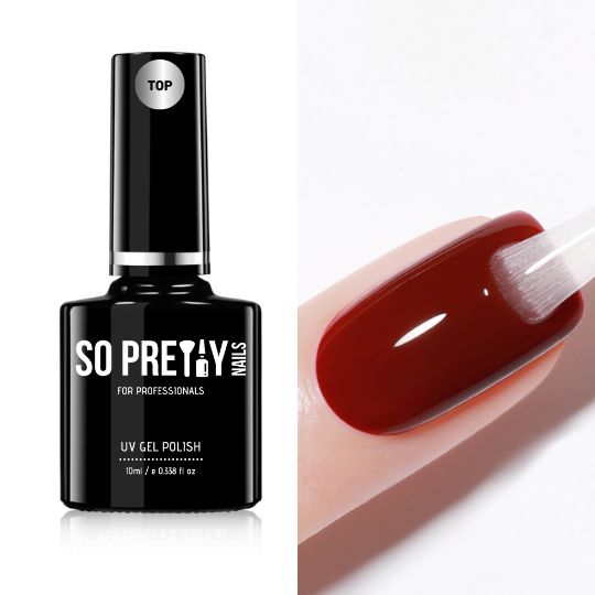 An image featuring a bottle of So Pretty Nails gel top coat on the left side, and a nail with a glossy finish on the right side.
