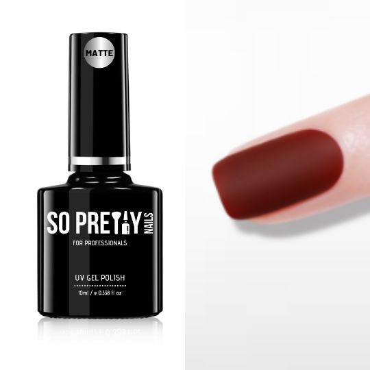 A bottle of So Pretty Nails gel matte top coat is shown on a white background. The nails on the right side of the image are painted with the matte top coat, creating a smooth, velvety finish.