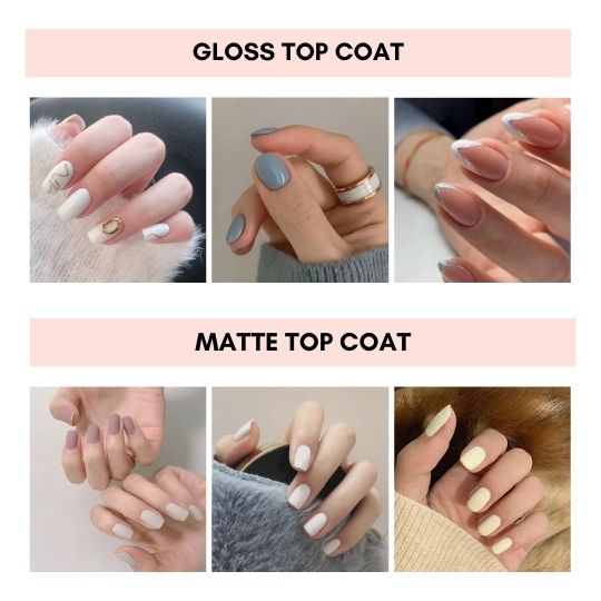 Comparison of So Pretty Nails Gel Top Coat and Gel Matte Top Coat. The top row images show glossy finishes on nails, while the bottom row images show matte finishes. The top coats provide long-lasting shine and protect the manicure from chipping.